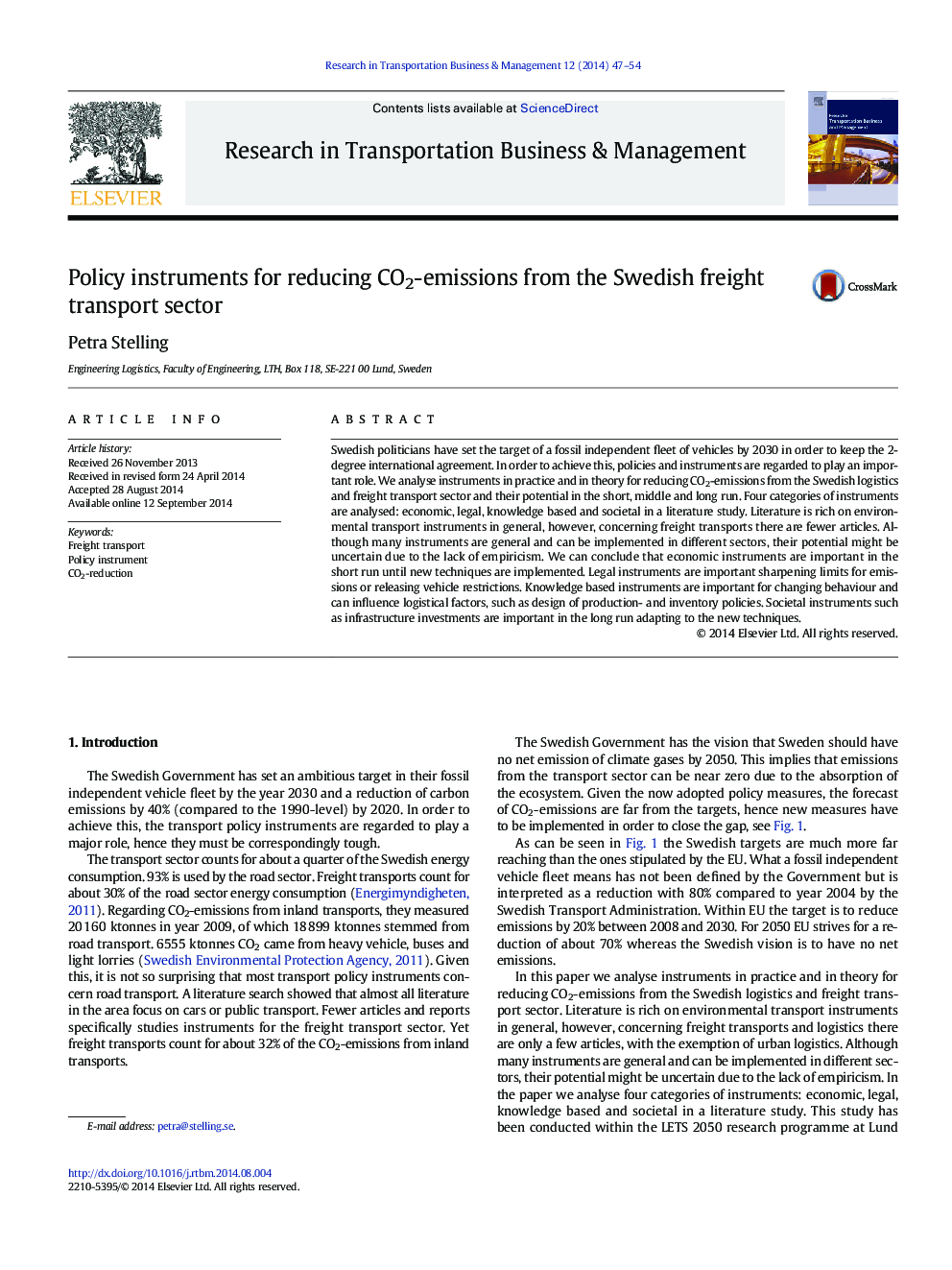 Policy instruments for reducing CO2-emissions from the Swedish freight transport sector