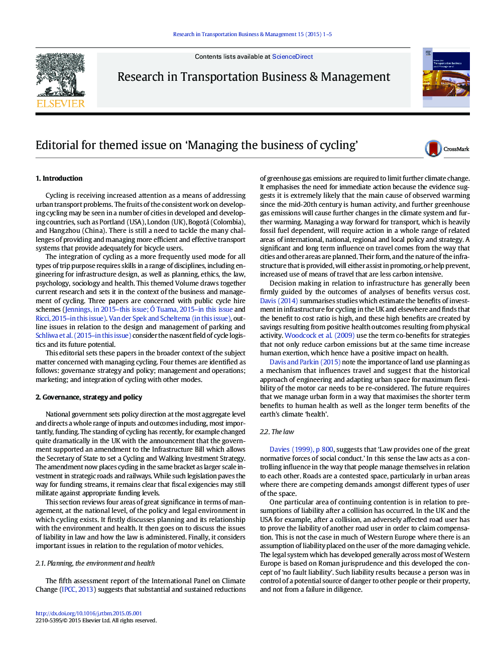 Editorial for themed issue on 'Managing the business of cycling'