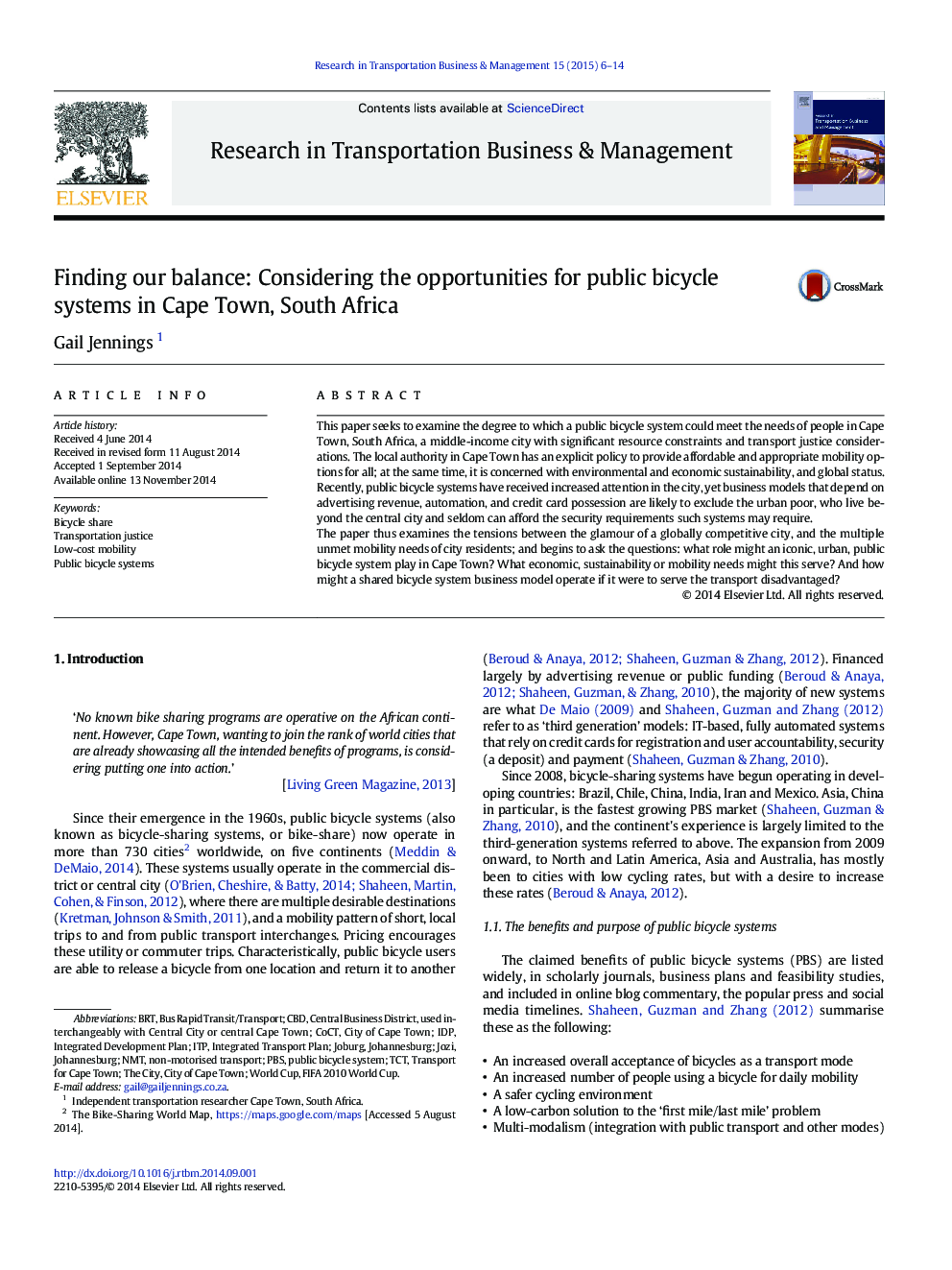 Finding our balance: Considering the opportunities for public bicycle systems in Cape Town, South Africa