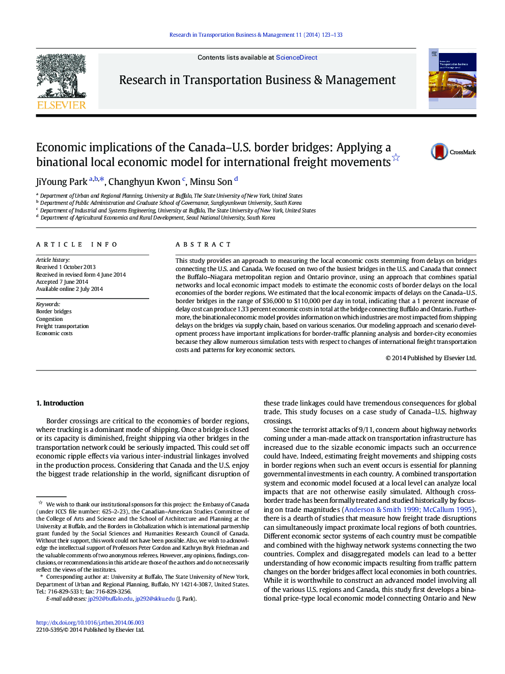 Economic implications of the Canada–U.S. border bridges: Applying a binational local economic model for international freight movements 