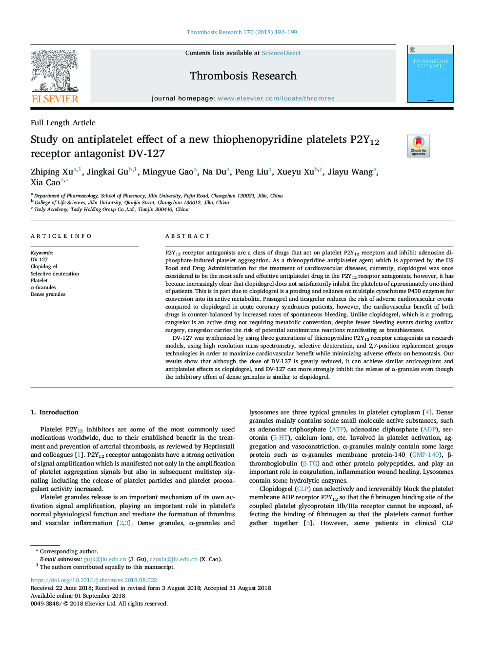 Study on antiplatelet effect of a new thiophenopyridine platelets P2Y12 receptor antagonist DV-127