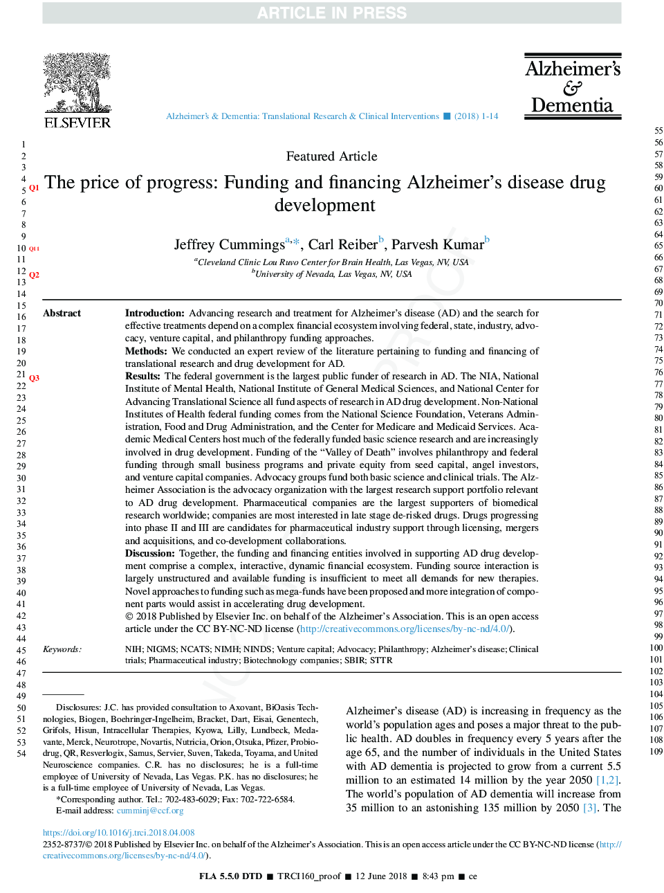 The price of progress: Funding and financing Alzheimer's disease drug development