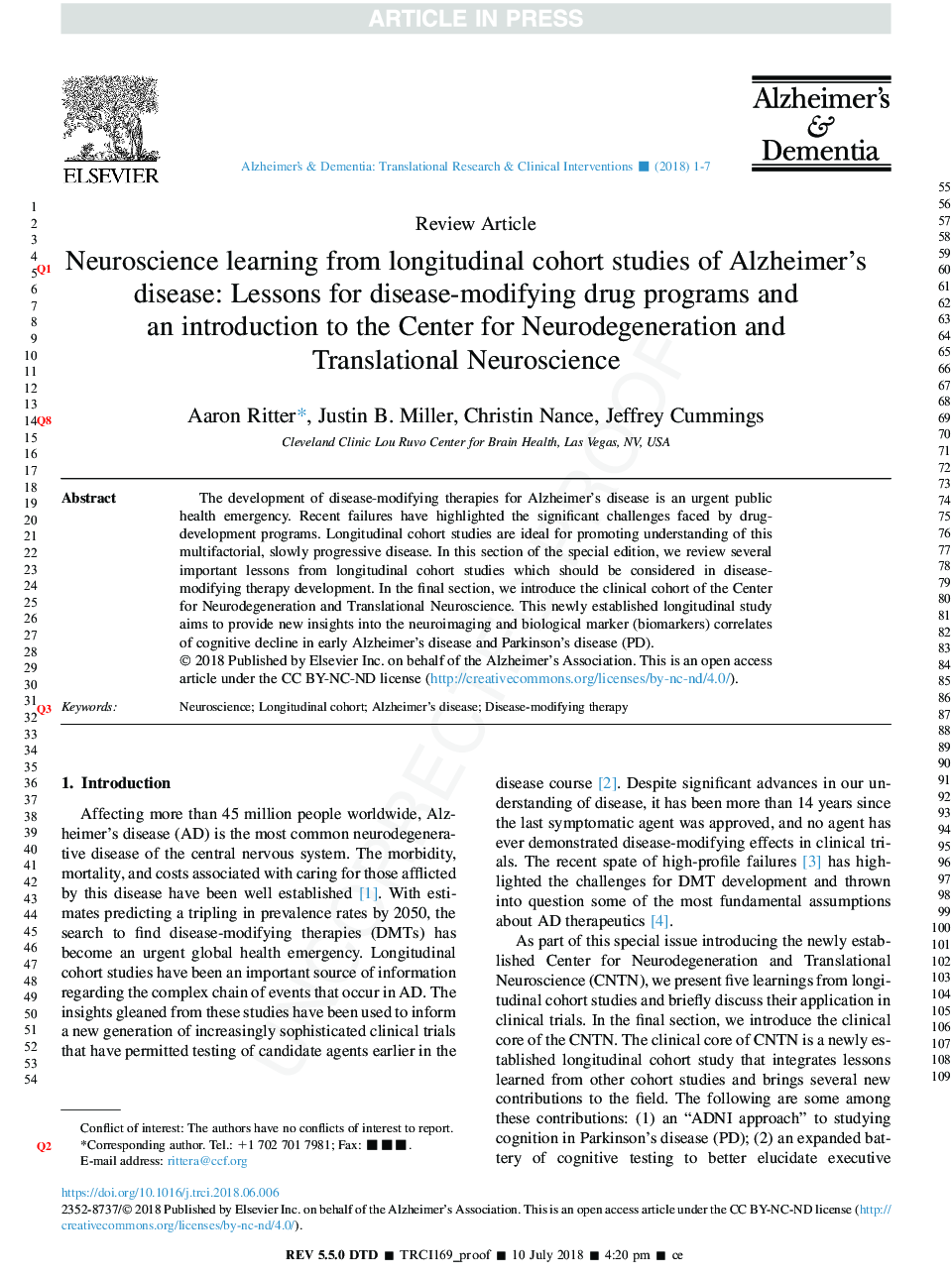 Neuroscience learning from longitudinal cohort studies of Alzheimer's disease: Lessons for disease-modifying drug programs and an introduction to the Center for Neurodegeneration and Translational Neuroscience