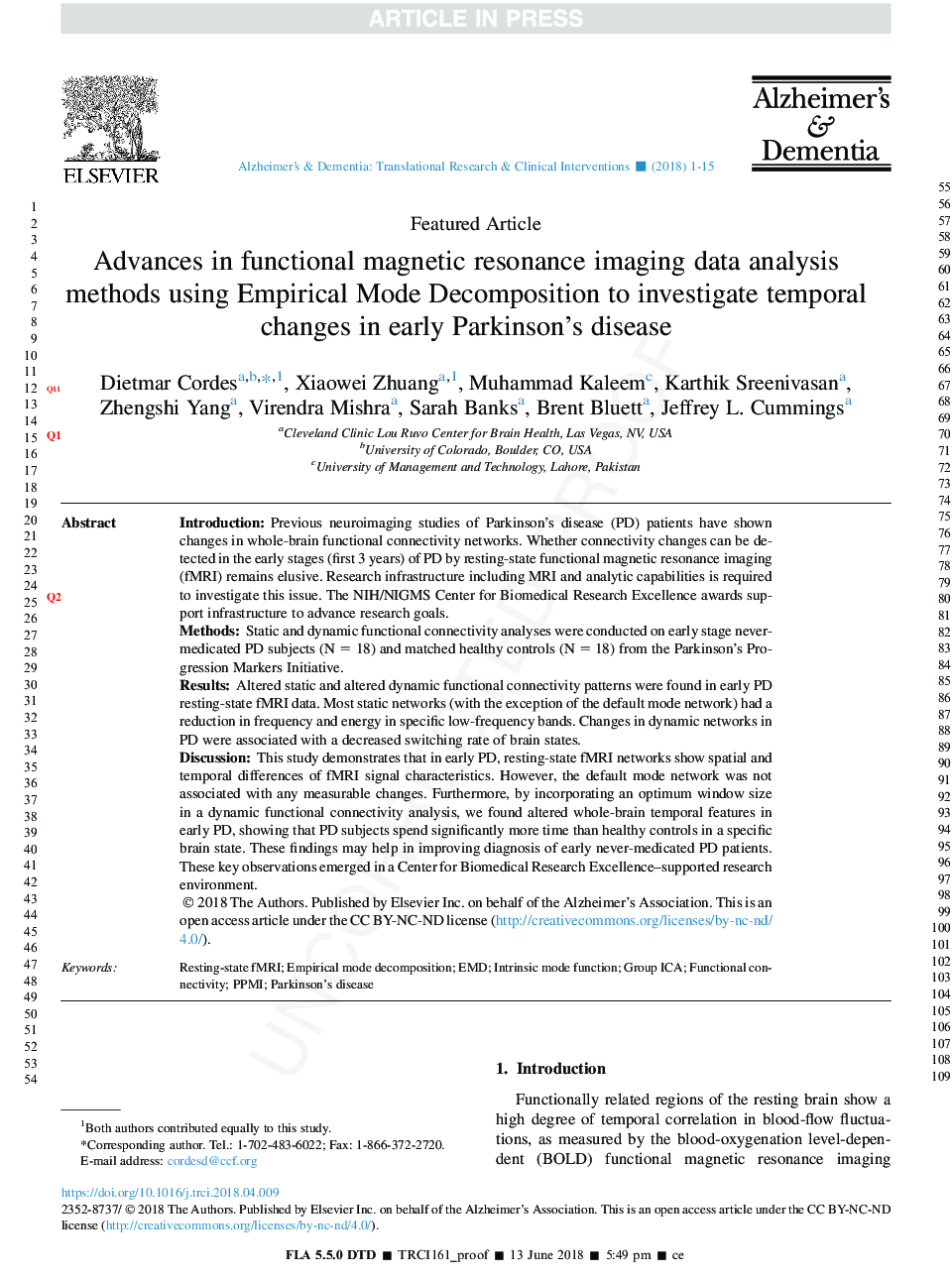 Advances in functional magnetic resonance imaging data analysis methods using Empirical Mode Decomposition to investigate temporal changes in early Parkinson's disease