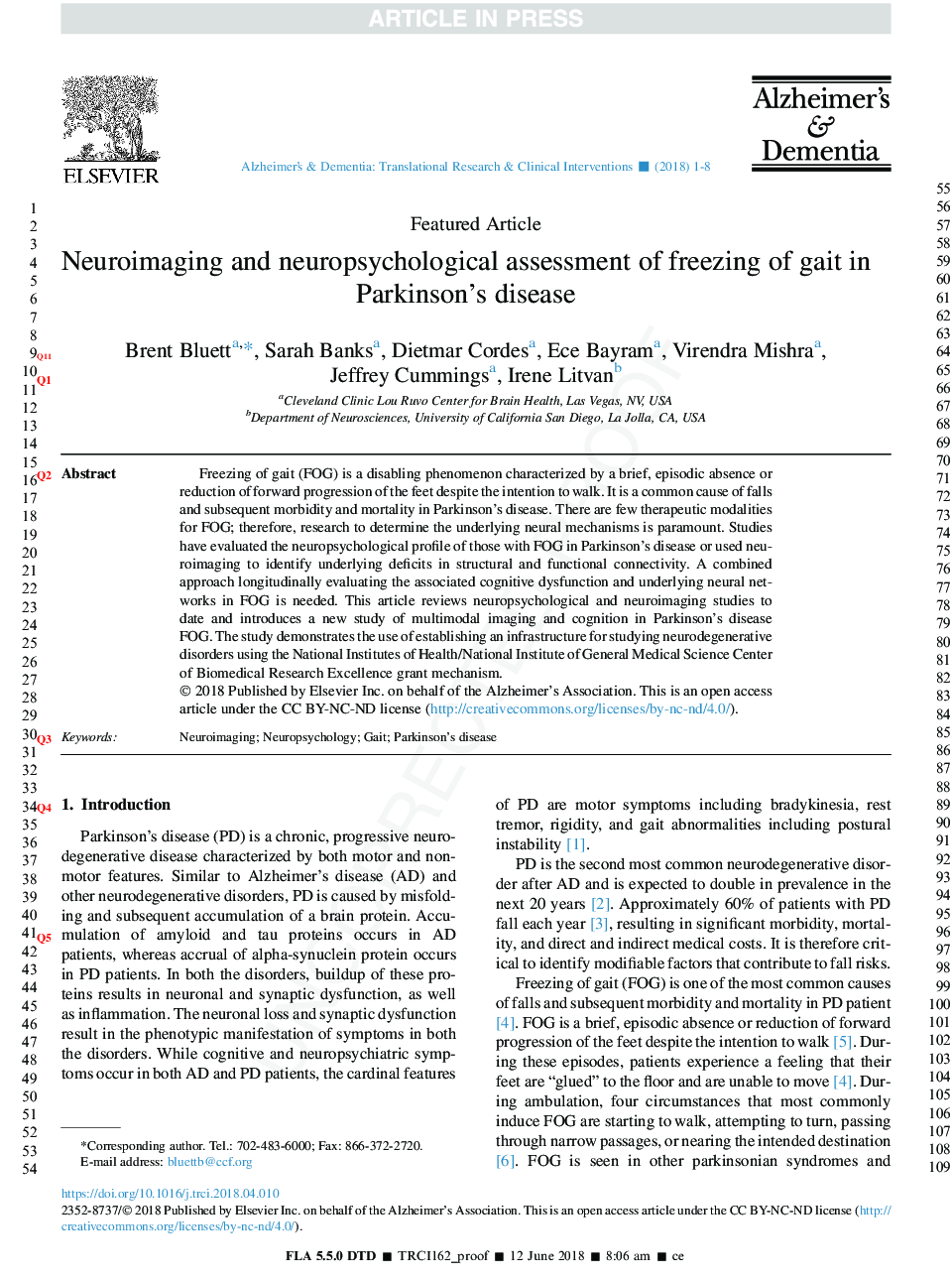 Neuroimaging and neuropsychological assessment of freezing of gait in Parkinson's disease