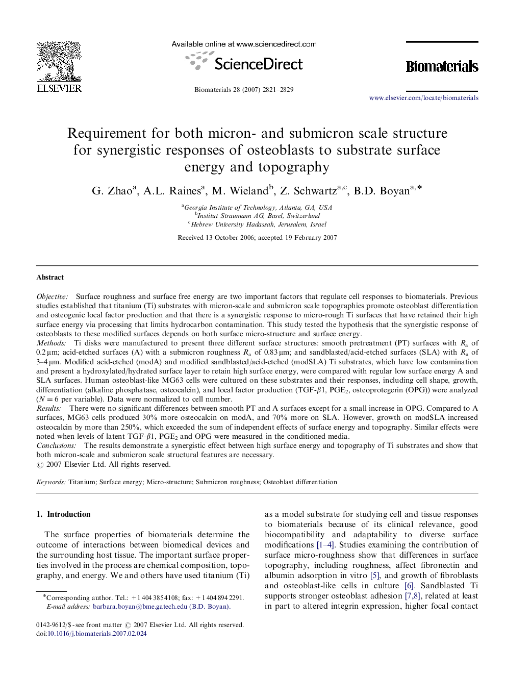 Requirement for both micron- and submicron scale structure for synergistic responses of osteoblasts to substrate surface energy and topography