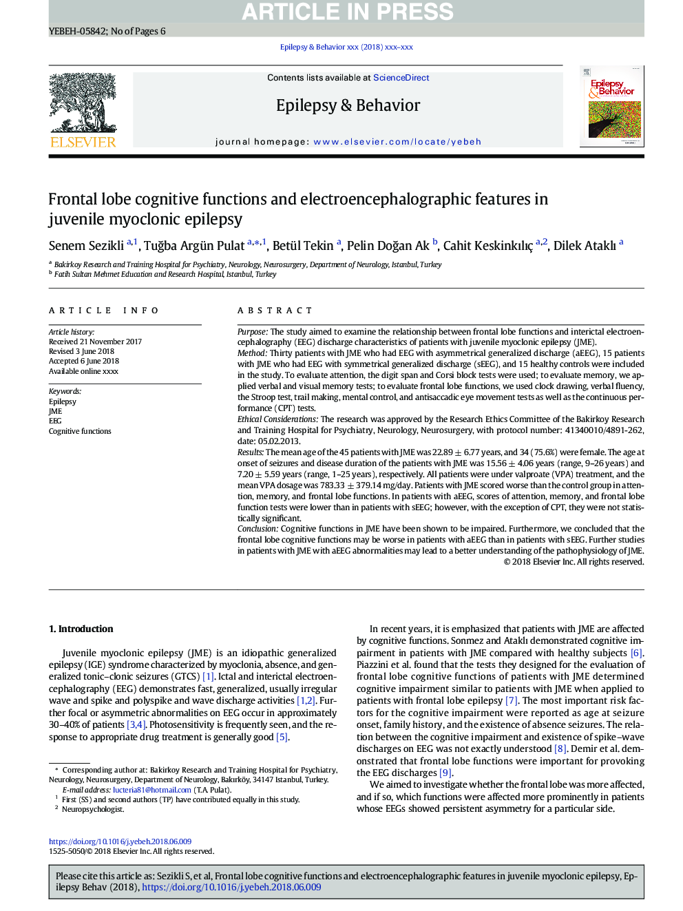 Frontal lobe cognitive functions and electroencephalographic features in juvenile myoclonic epilepsy