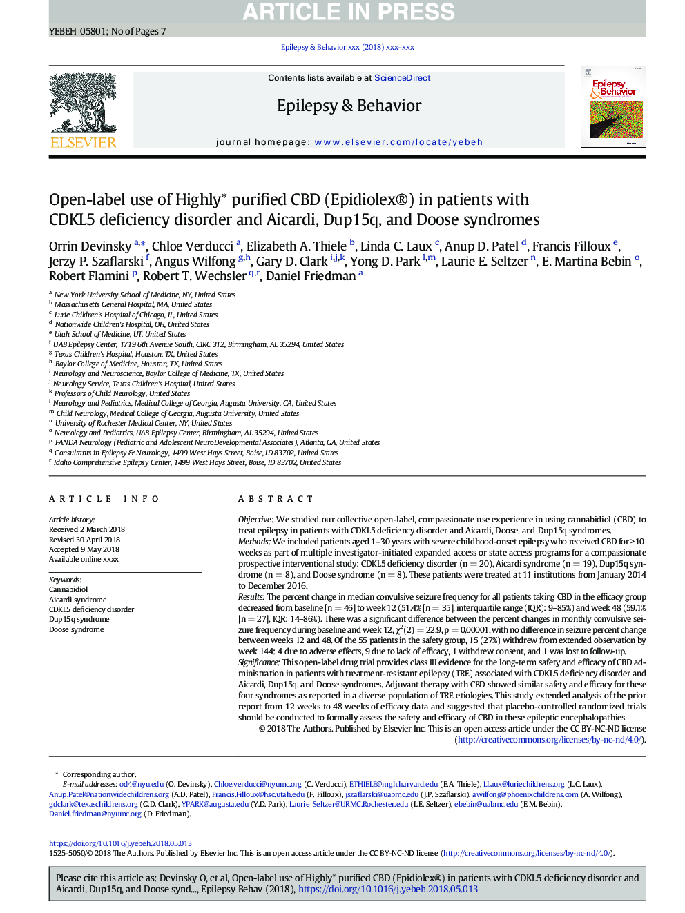 Open-label use of highly purified CBD (Epidiolex®) in patients with CDKL5 deficiency disorder and Aicardi, Dup15q, and Doose syndromes