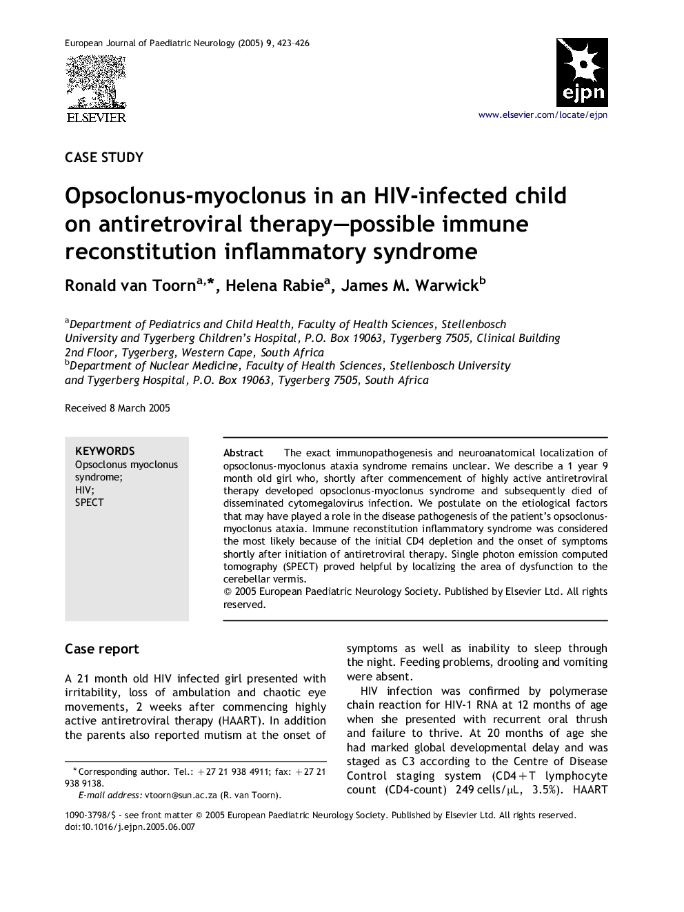 Opsoclonus-myoclonus in an HIV-infected child on antiretroviral therapy-possible immune reconstitution inflammatory syndrome