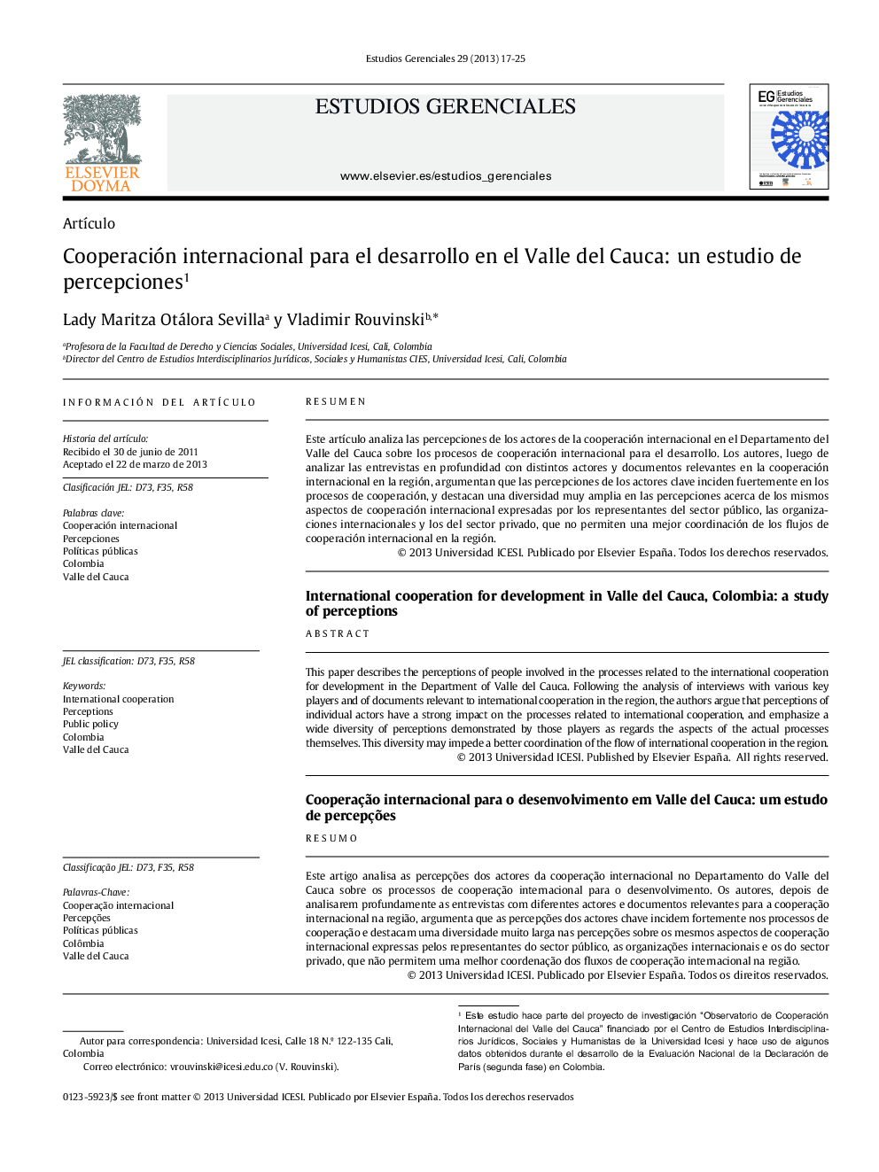 Cooperación internacional para el desarrollo en el Valle del Cauca: un estudio de percepciones1