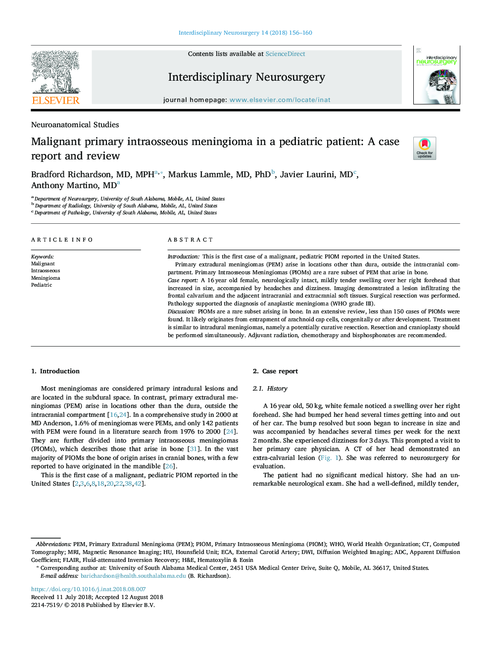 Malignant primary intraosseous meningioma in a pediatric patient: A case report and review