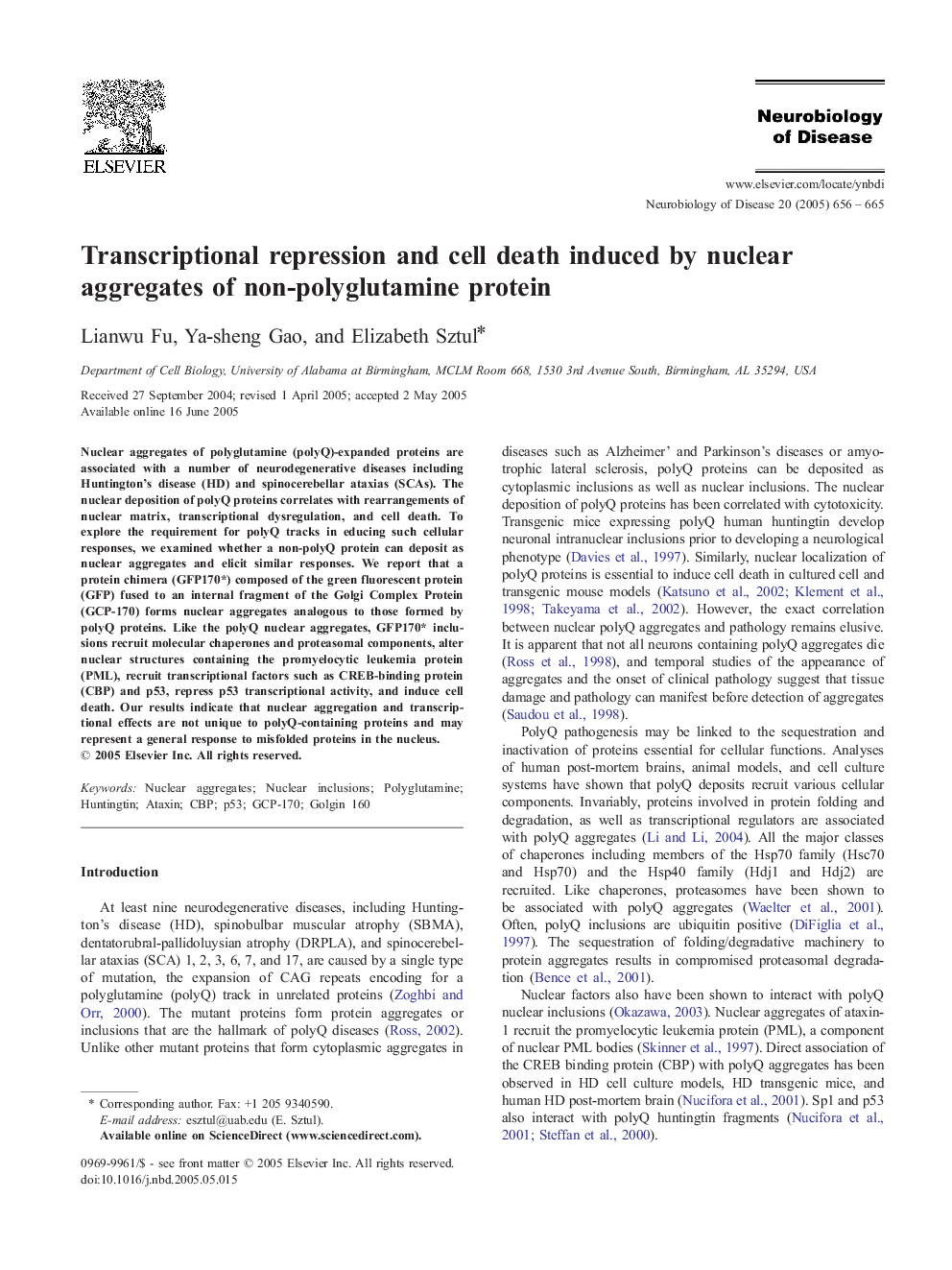 Transcriptional repression and cell death induced by nuclear aggregates of non-polyglutamine protein