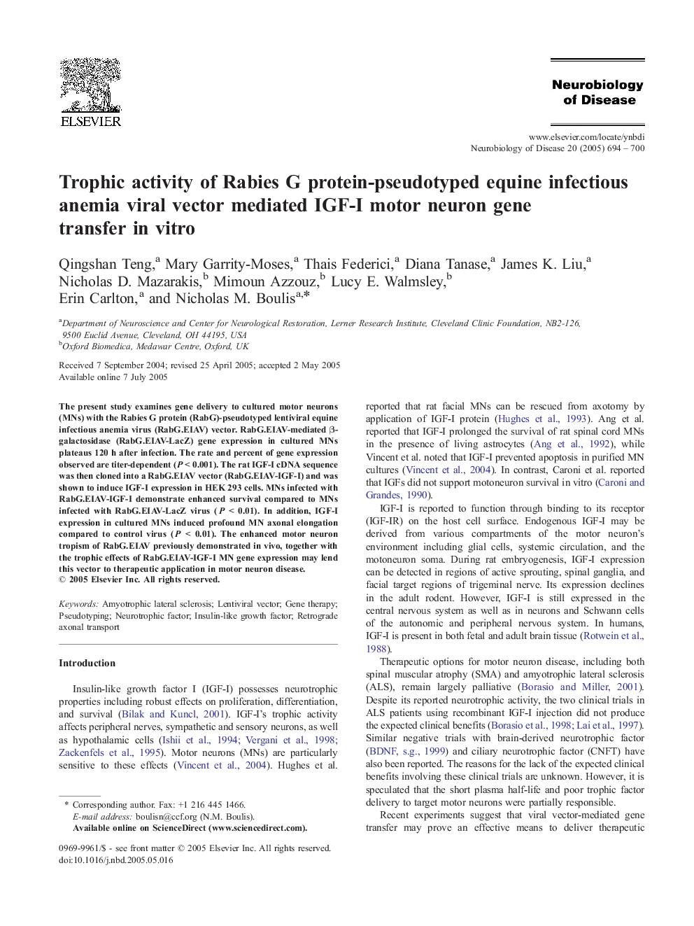 Trophic activity of Rabies G protein-pseudotyped equine infectious anemia viral vector mediated IGF-I motor neuron gene transfer in vitro