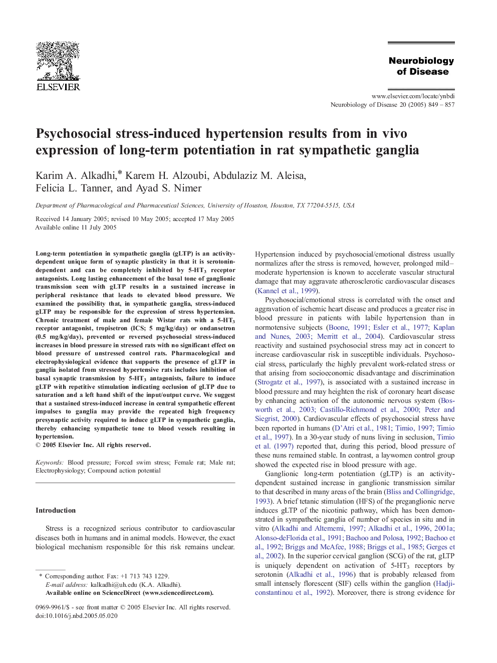 Psychosocial stress-induced hypertension results from in vivo expression of long-term potentiation in rat sympathetic ganglia