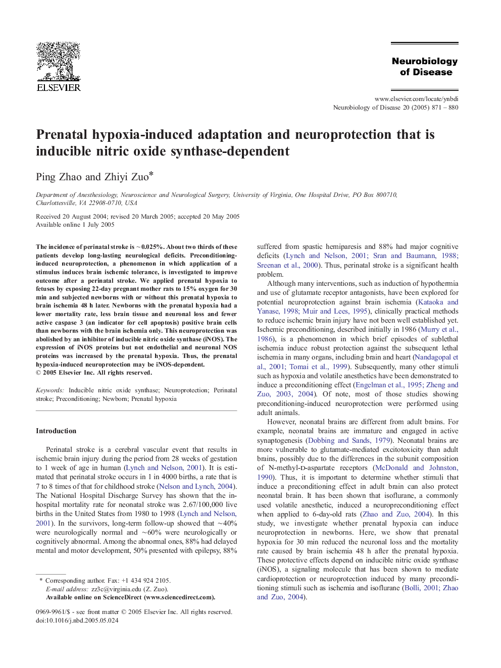 Prenatal hypoxia-induced adaptation and neuroprotection that is inducible nitric oxide synthase-dependent