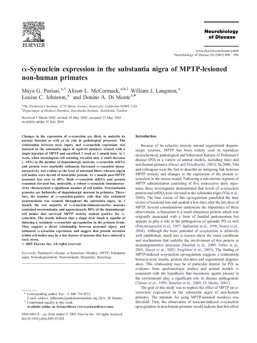 Î±-Synuclein expression in the substantia nigra of MPTP-lesioned non-human primates