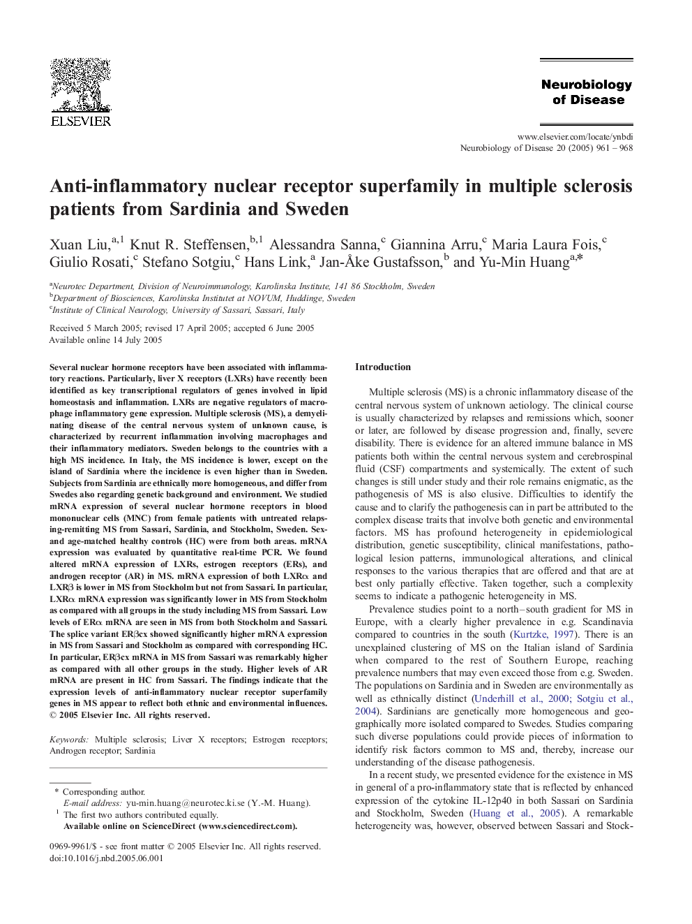 Anti-inflammatory nuclear receptor superfamily in multiple sclerosis patients from Sardinia and Sweden