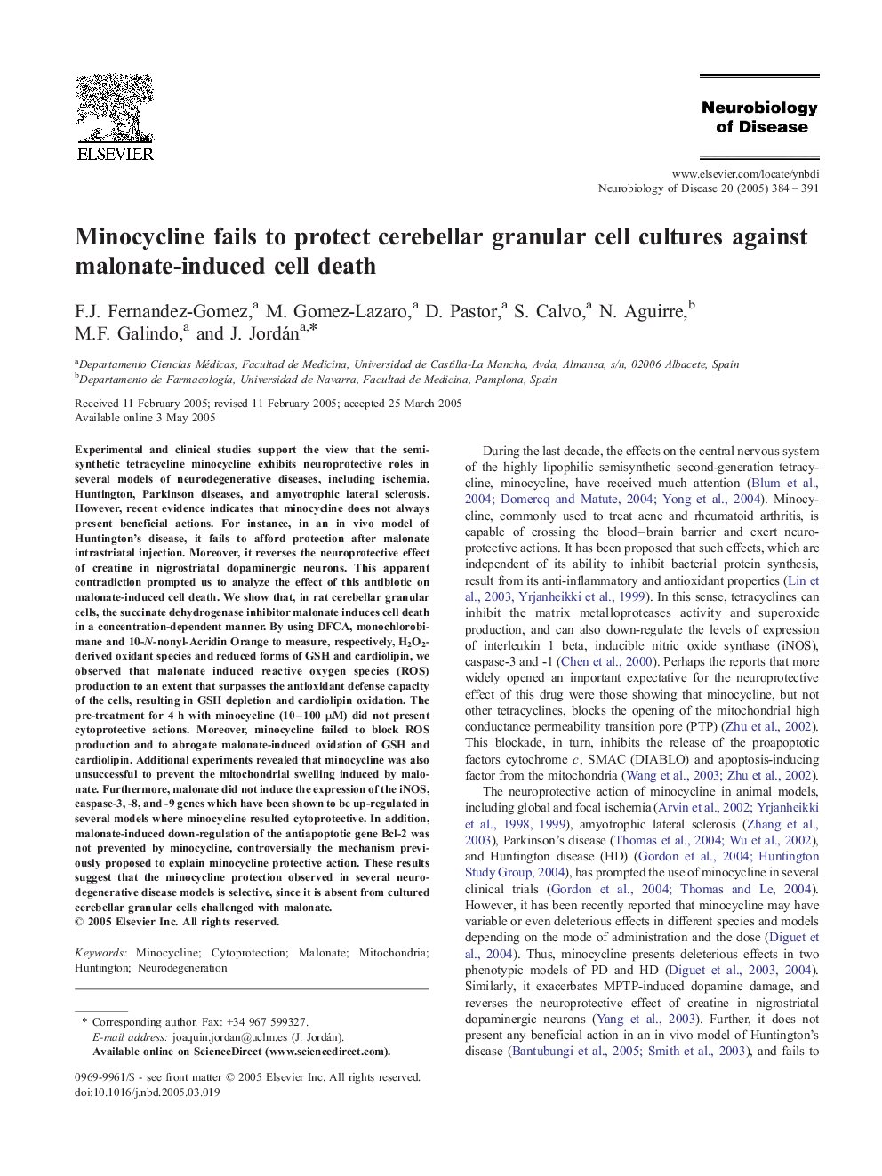 Minocycline fails to protect cerebellar granular cell cultures against malonate-induced cell death