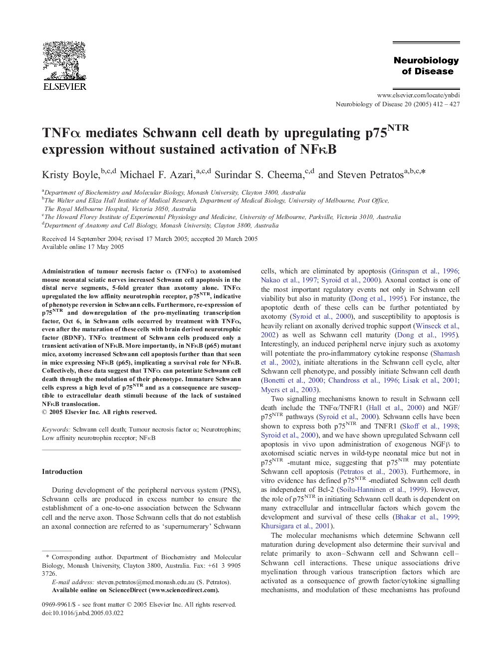 TNFÎ± mediates Schwann cell death by upregulating p75NTR expression without sustained activation of NFÎºB