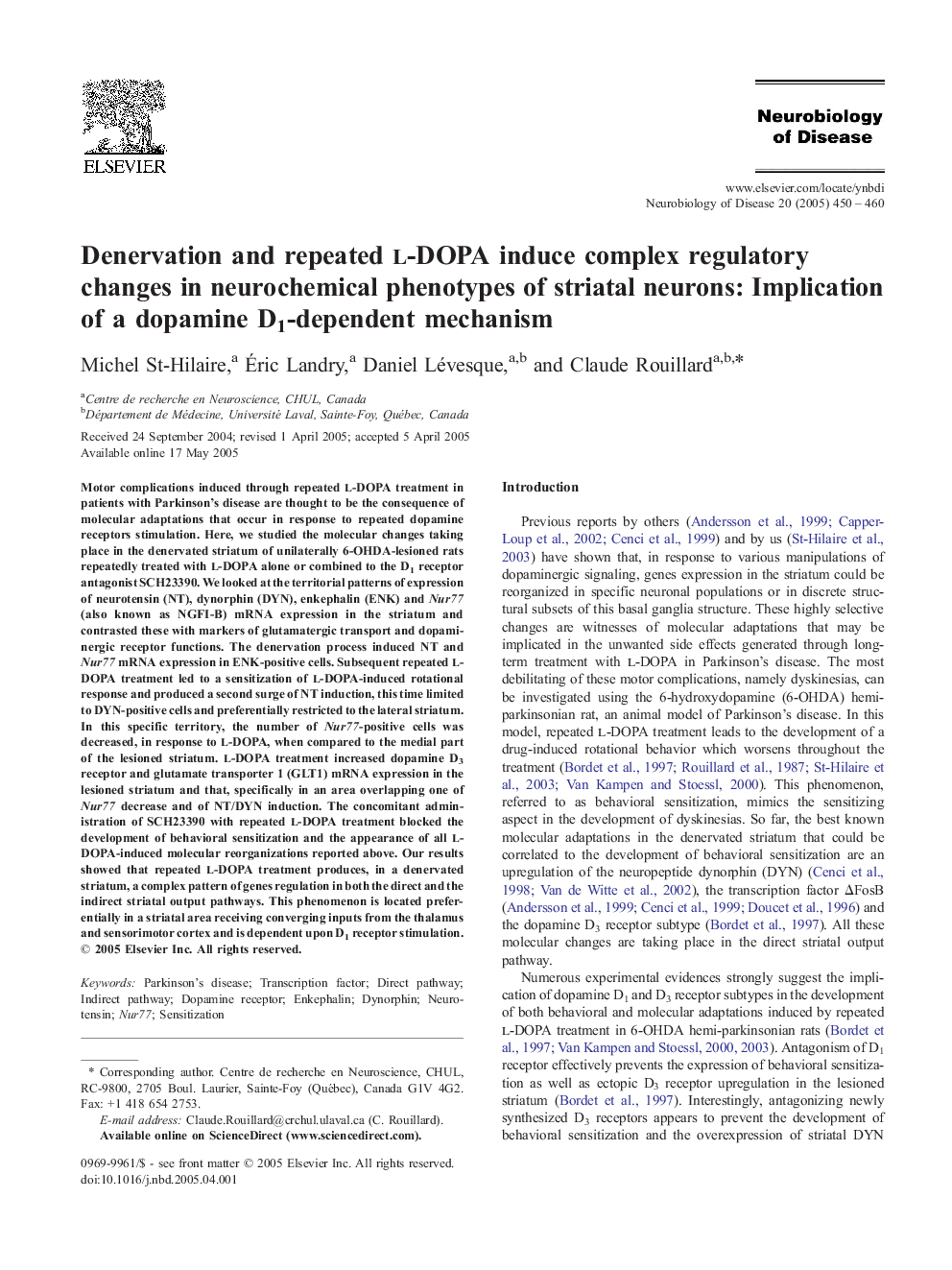 Denervation and repeated l-DOPA induce complex regulatory changes in neurochemical phenotypes of striatal neurons: Implication of a dopamine D1-dependent mechanism