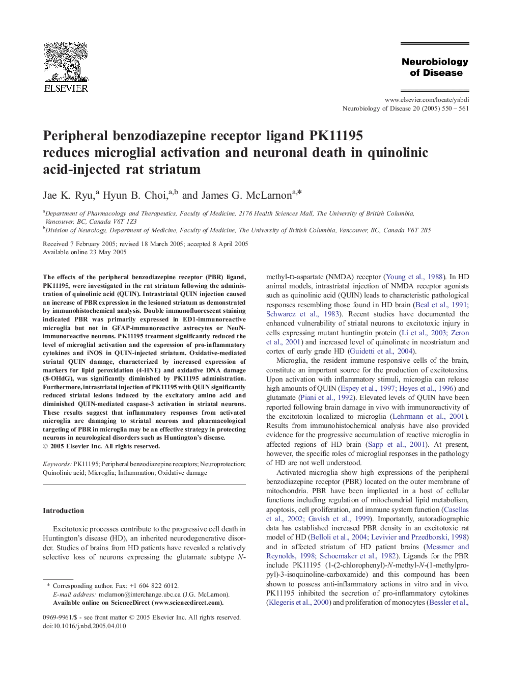 Peripheral benzodiazepine receptor ligand PK11195 reduces microglial activation and neuronal death in quinolinic acid-injected rat striatum