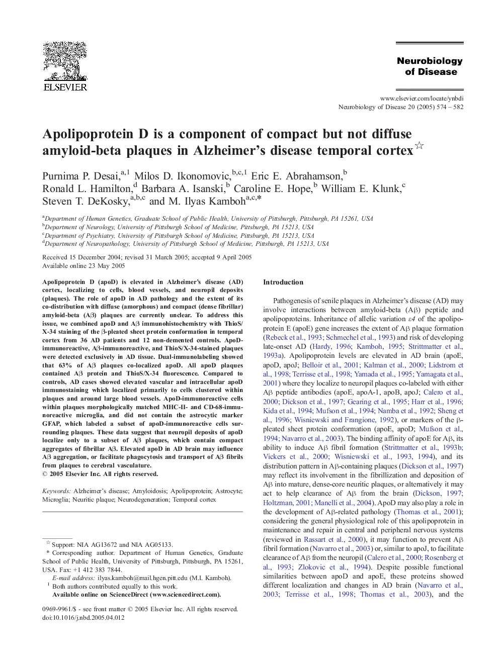 Apolipoprotein D is a component of compact but not diffuse amyloid-beta plaques in Alzheimer's disease temporal cortex