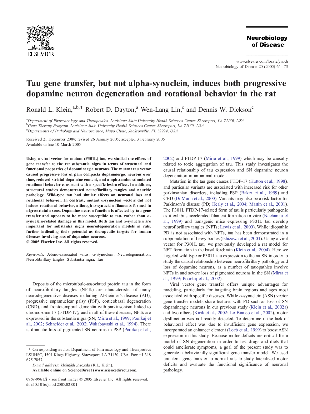 Tau gene transfer, but not alpha-synuclein, induces both progressive dopamine neuron degeneration and rotational behavior in the rat