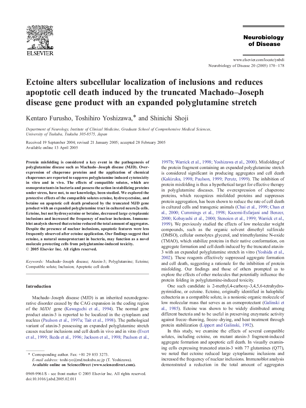 Ectoine alters subcellular localization of inclusions and reduces apoptotic cell death induced by the truncated Machado-Joseph disease gene product with an expanded polyglutamine stretch