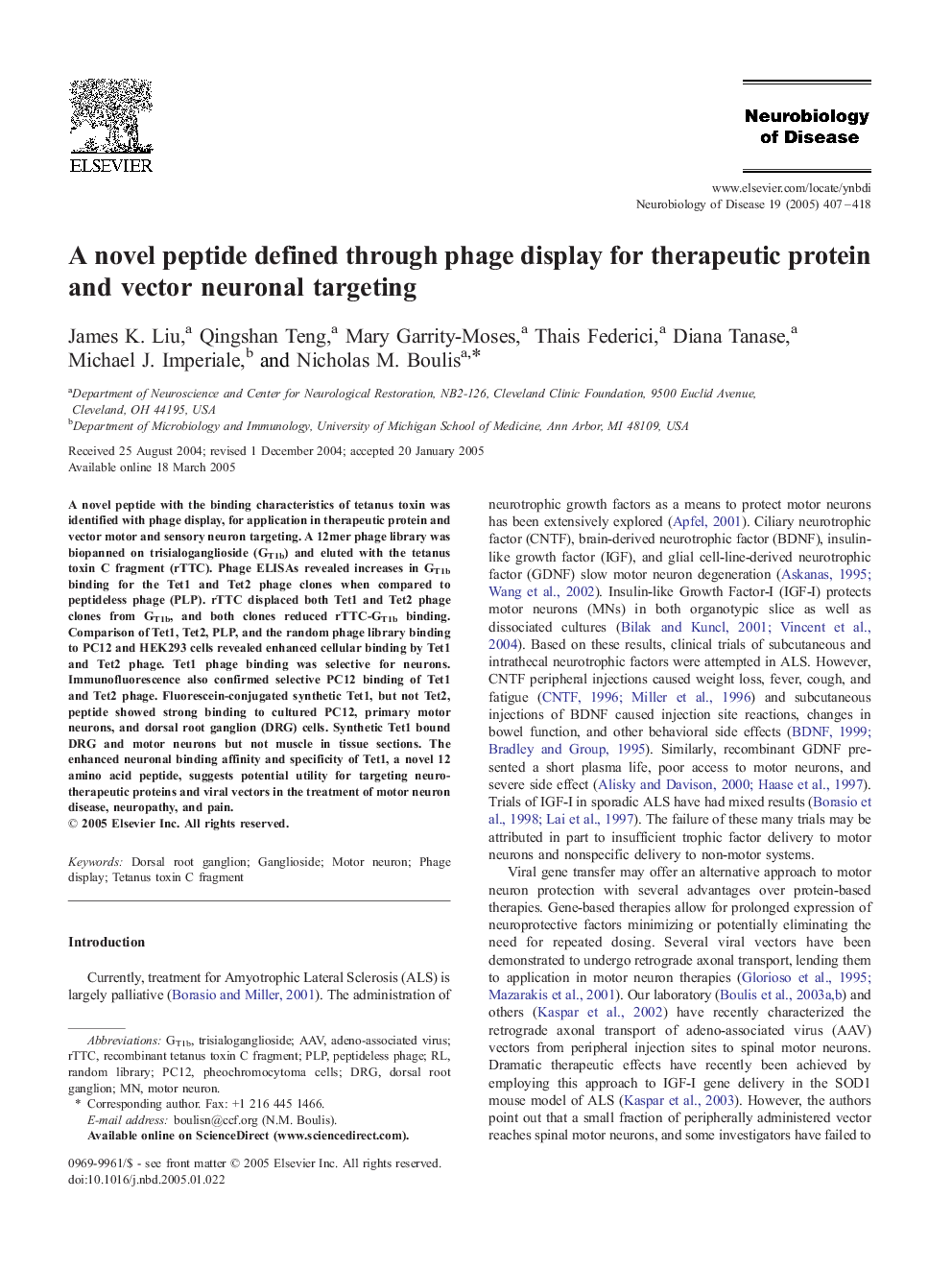 A novel peptide defined through phage display for therapeutic protein and vector neuronal targeting