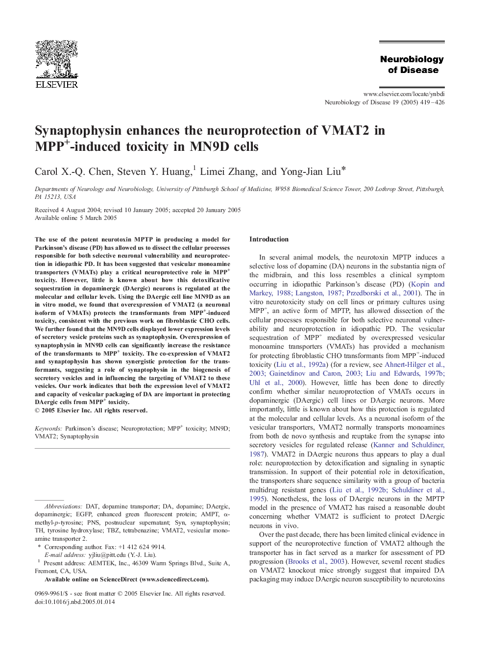 Synaptophysin enhances the neuroprotection of VMAT2 in MPP+-induced toxicity in MN9D cells