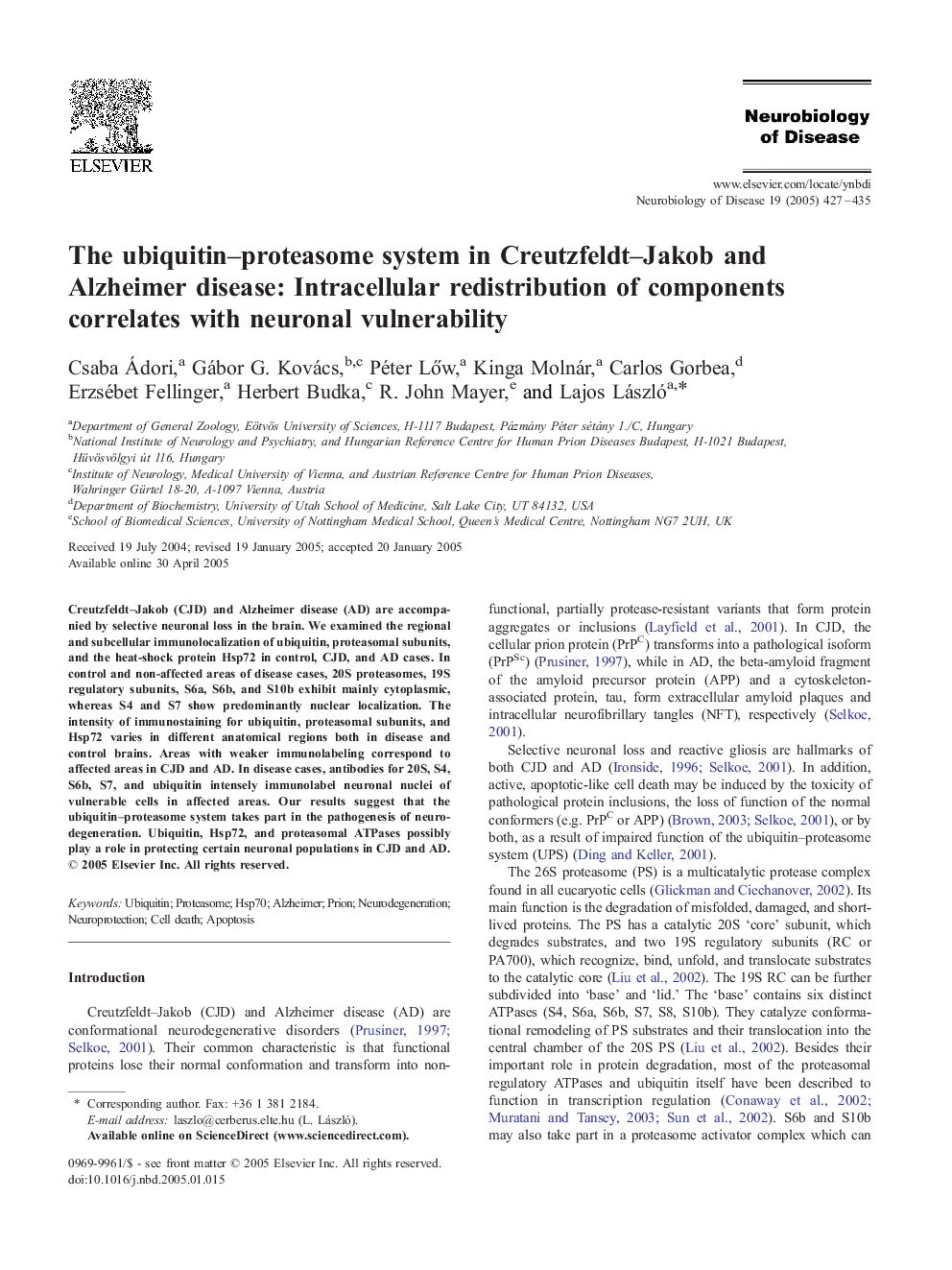 The ubiquitin-proteasome system in Creutzfeldt-Jakob and Alzheimer disease: Intracellular redistribution of components correlates with neuronal vulnerability