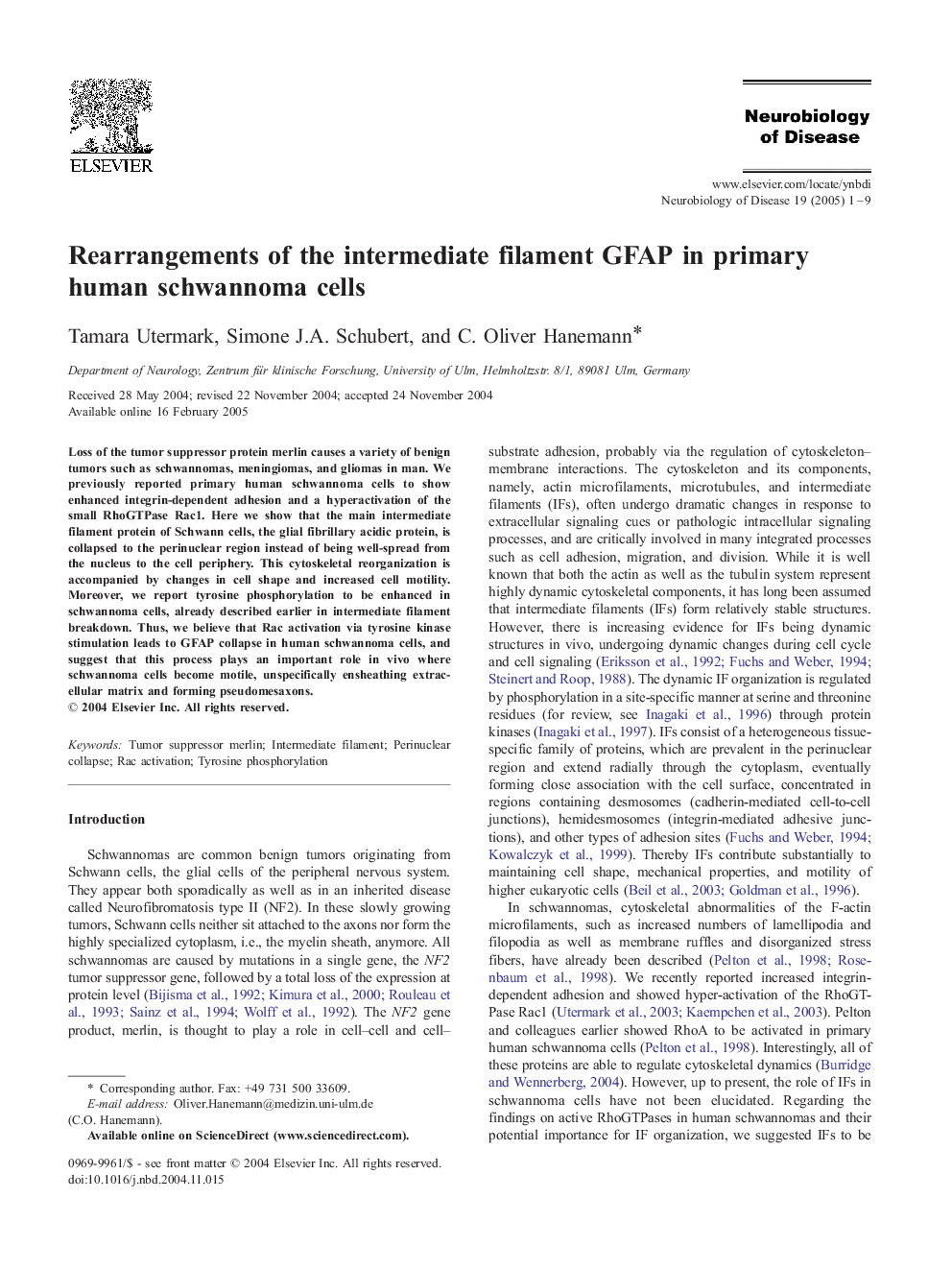 Rearrangements of the intermediate filament GFAP in primary human schwannoma cells