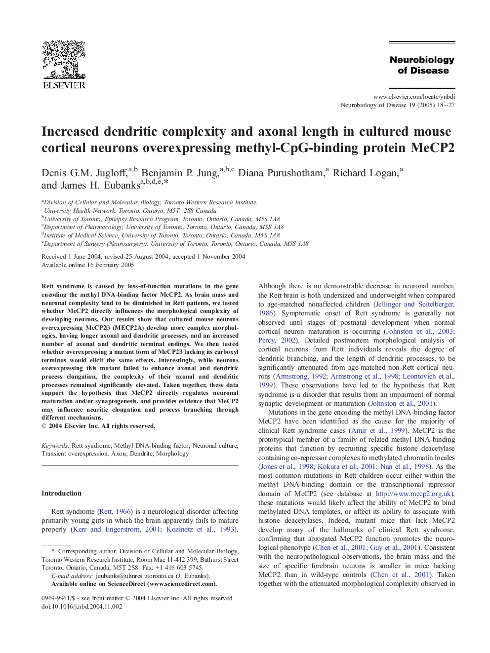 Increased dendritic complexity and axonal length in cultured mouse cortical neurons overexpressing methyl-CpG-binding protein MeCP2