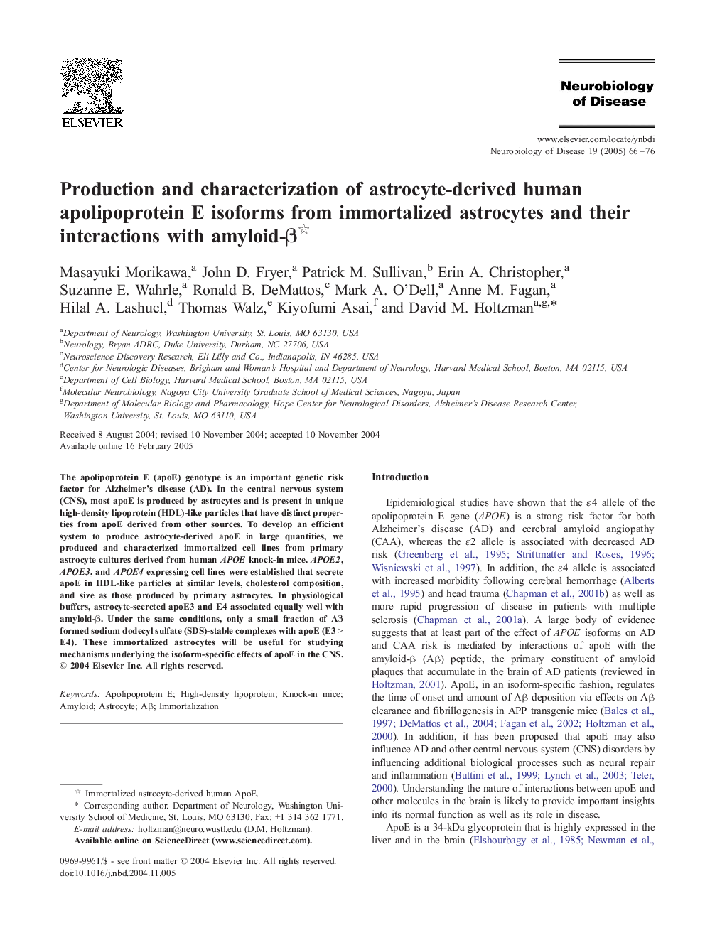 Production and characterization of astrocyte-derived human apolipoprotein E isoforms from immortalized astrocytes and their interactions with amyloid-Î²