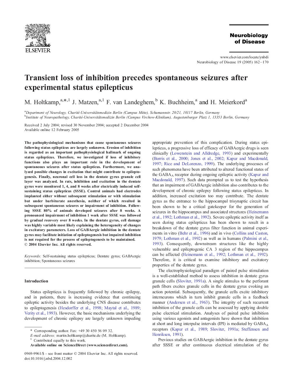 Transient loss of inhibition precedes spontaneous seizures after experimental status epilepticus