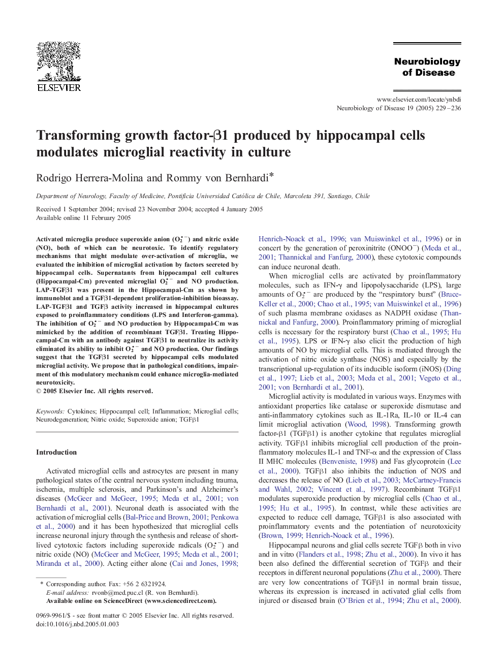 Transforming growth factor-Î²1 produced by hippocampal cells modulates microglial reactivity in culture