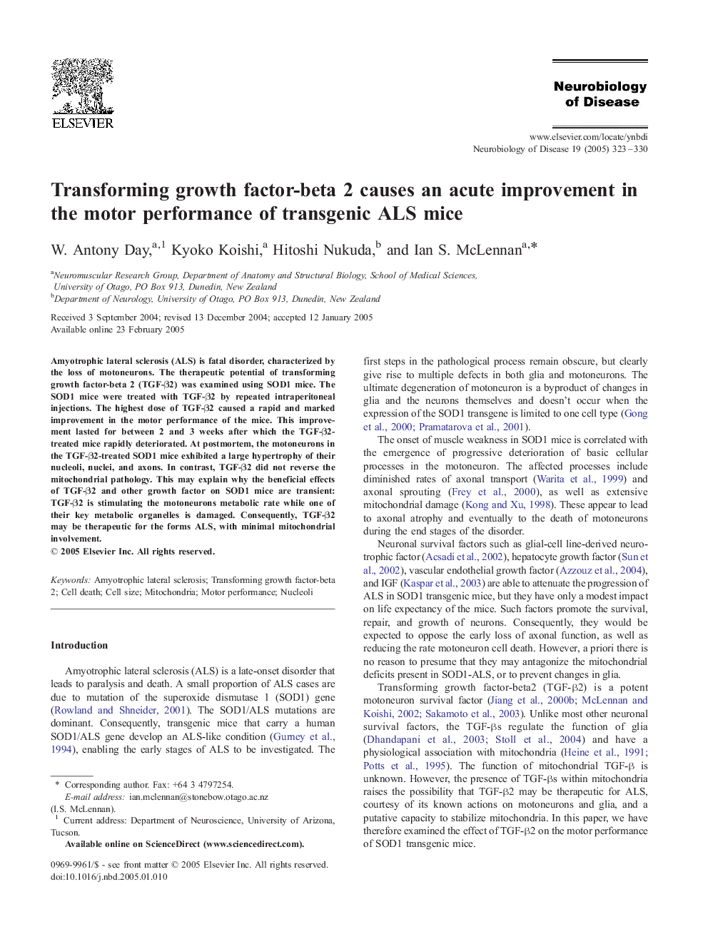 Transforming growth factor-beta 2 causes an acute improvement in the motor performance of transgenic ALS mice