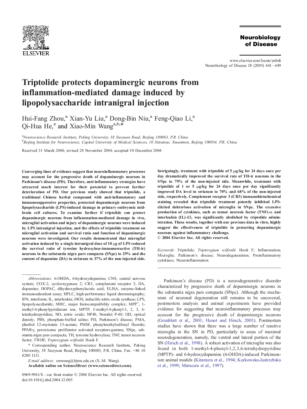 Triptolide protects dopaminergic neurons from inflammation-mediated damage induced by lipopolysaccharide intranigral injection