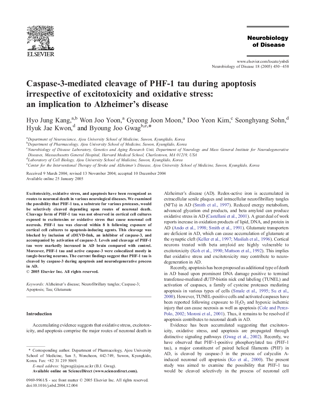 Caspase-3-mediated cleavage of PHF-1 tau during apoptosis irrespective of excitotoxicity and oxidative stress: an implication to Alzheimer's disease