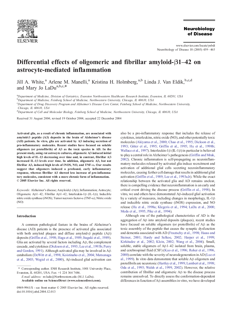 Differential effects of oligomeric and fibrillar amyloid-Î²1-42 on astrocyte-mediated inflammation