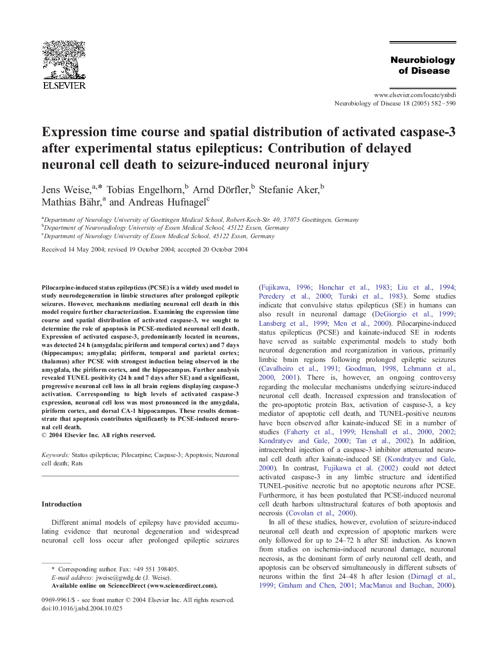 Expression time course and spatial distribution of activated caspase-3 after experimental status epilepticus: Contribution of delayed neuronal cell death to seizure-induced neuronal injury