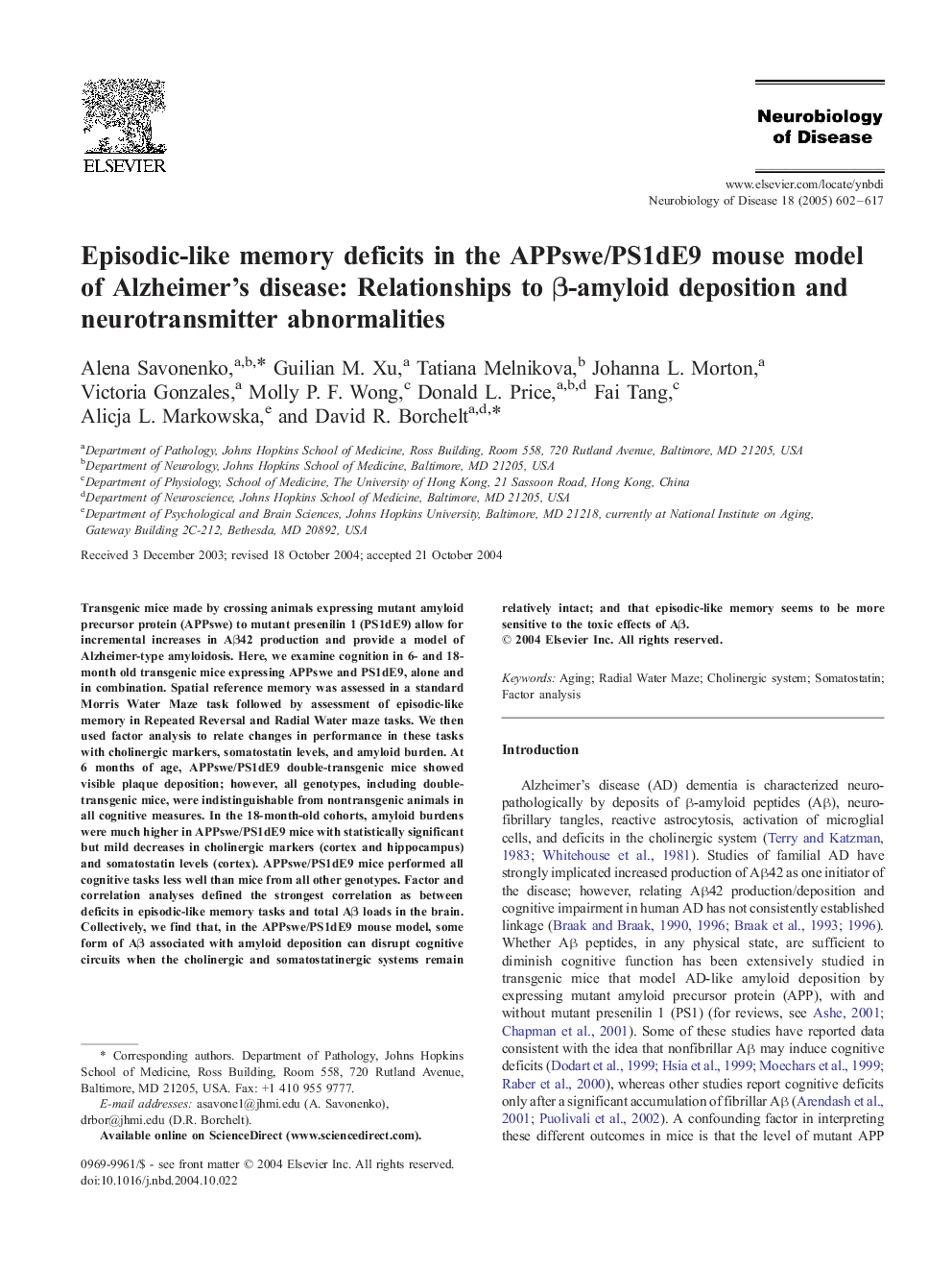 Episodic-like memory deficits in the APPswe/PS1dE9 mouse model of Alzheimer's disease: Relationships to Î²-amyloid deposition and neurotransmitter abnormalities