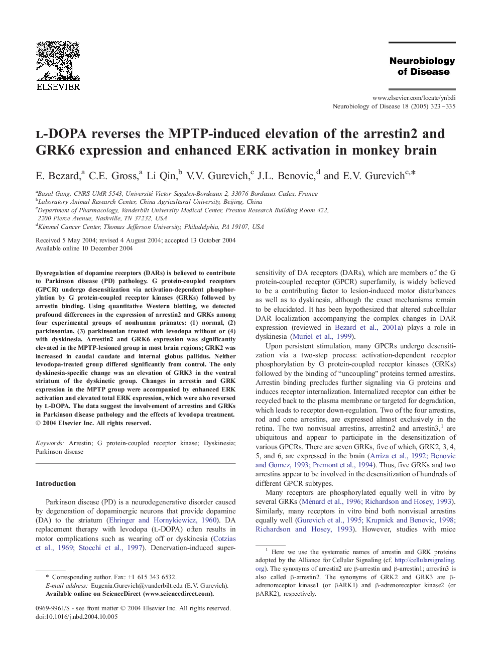 l-DOPA reverses the MPTP-induced elevation of the arrestin2 and GRK6 expression and enhanced ERK activation in monkey brain