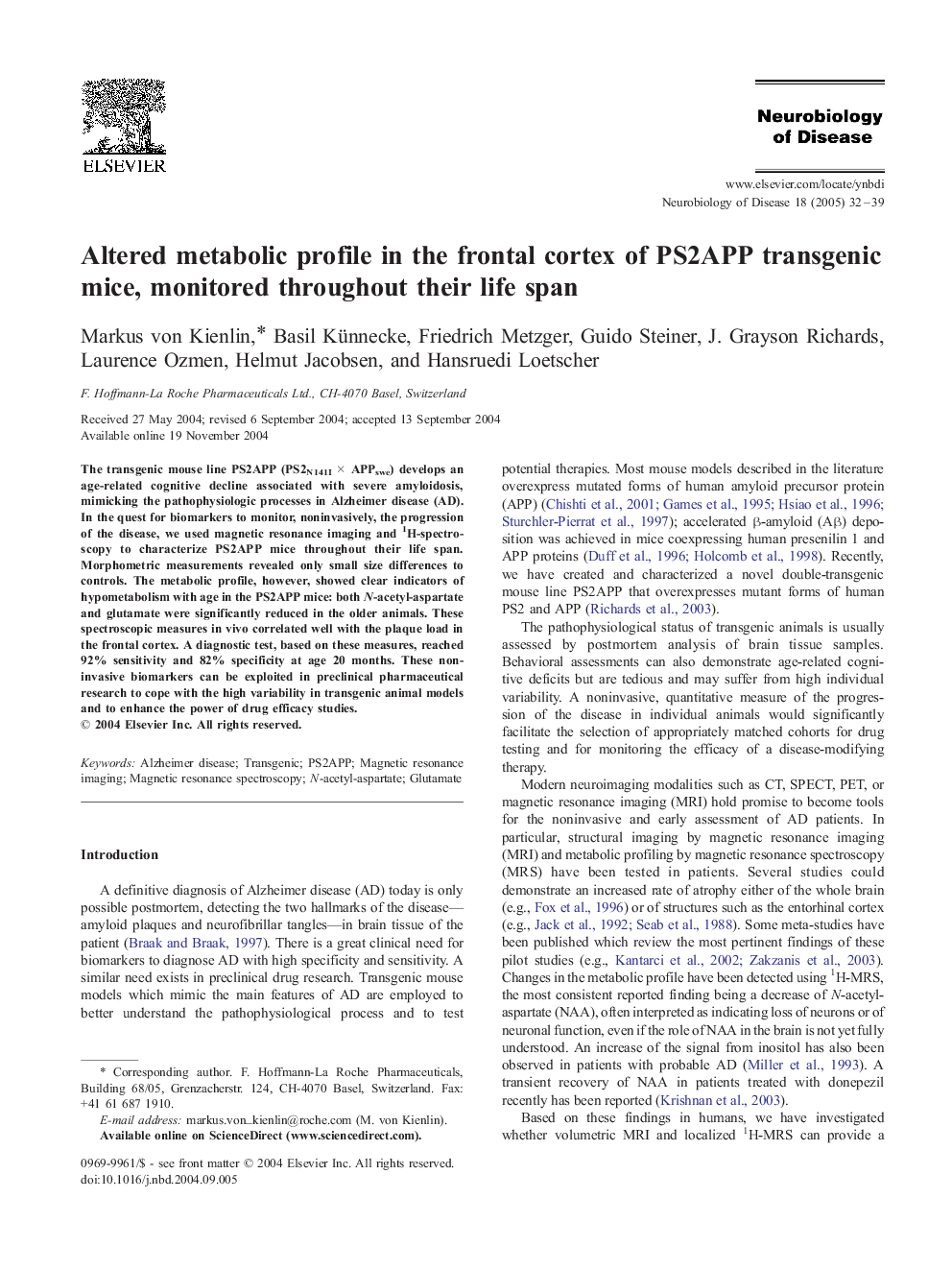 Altered metabolic profile in the frontal cortex of PS2APP transgenic mice, monitored throughout their life span