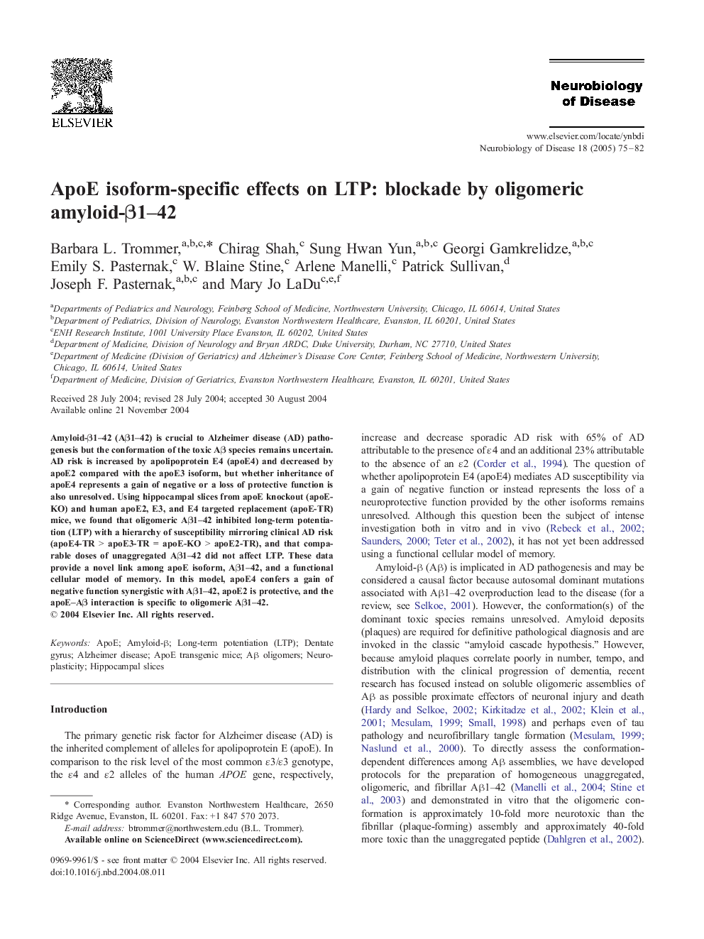 ApoE isoform-specific effects on LTP: blockade by oligomeric amyloid-Î²1-42