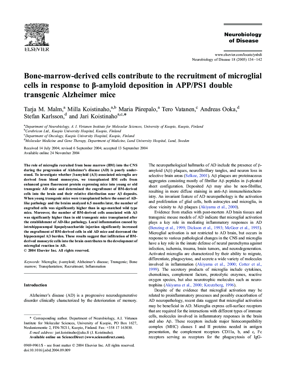 Bone-marrow-derived cells contribute to the recruitment of microglial cells in response to Î²-amyloid deposition in APP/PS1 double transgenic Alzheimer mice