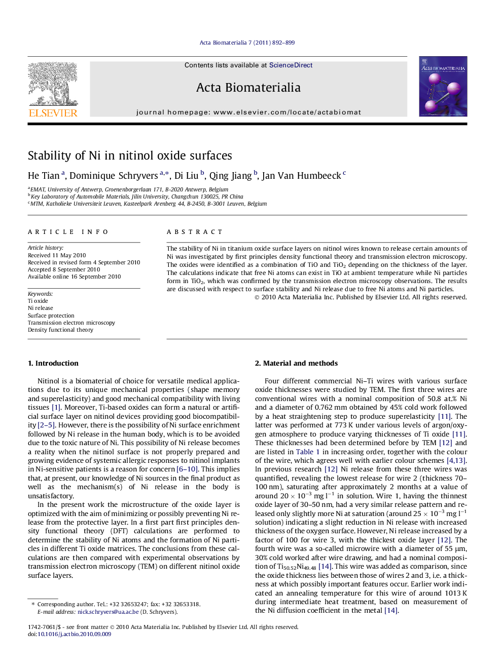 Stability of Ni in nitinol oxide surfaces