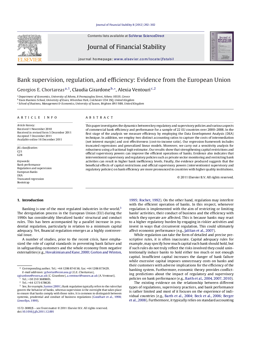 Bank supervision, regulation, and efficiency: Evidence from the European Union