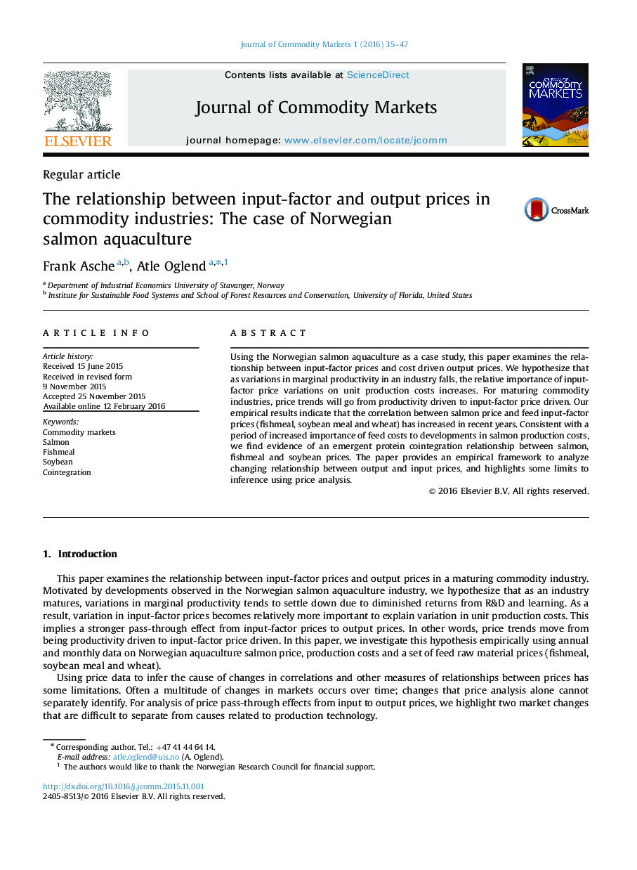 The relationship between input-factor and output prices in commodity industries: The case of Norwegian salmon aquaculture