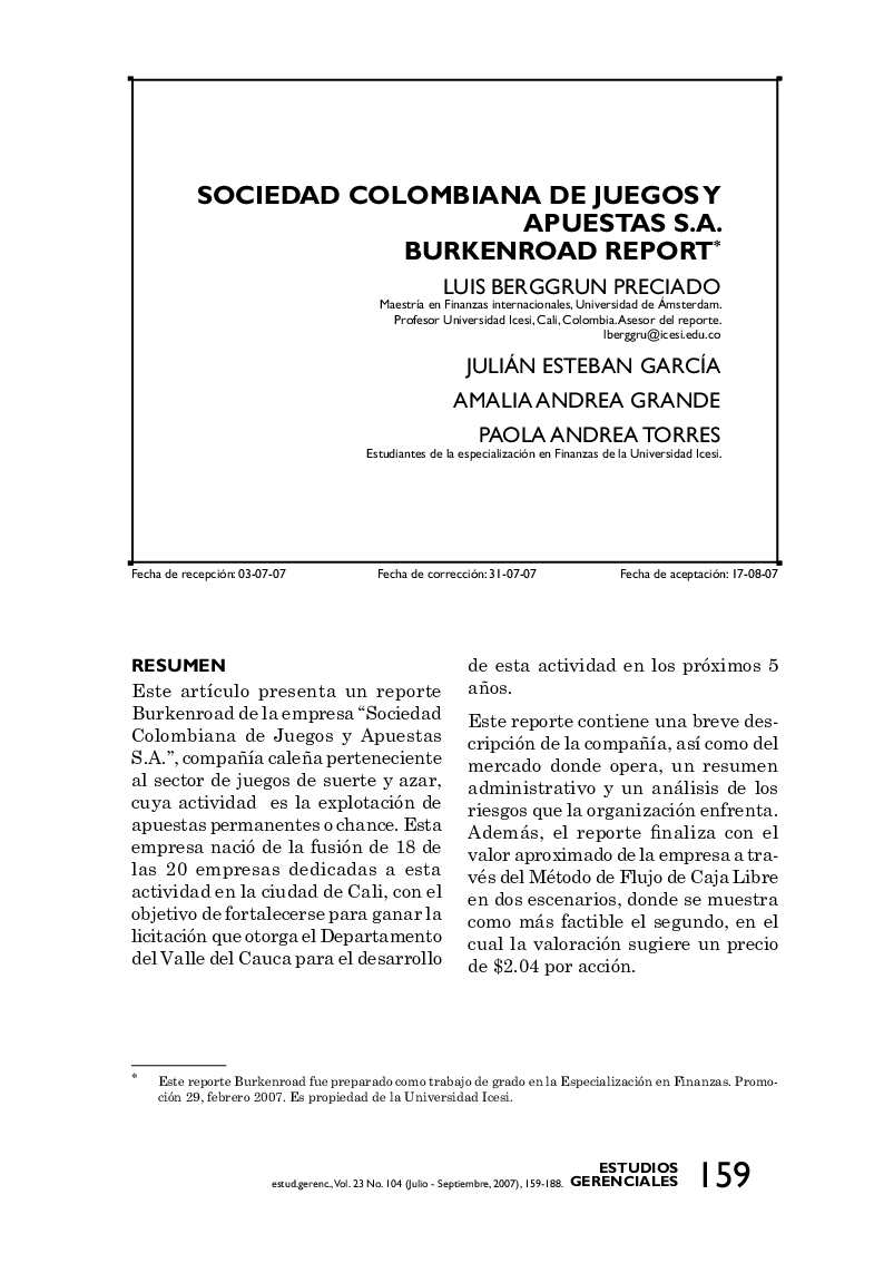 Sociedad colombiana de juegos y apuestas s.a. burkenroad report *